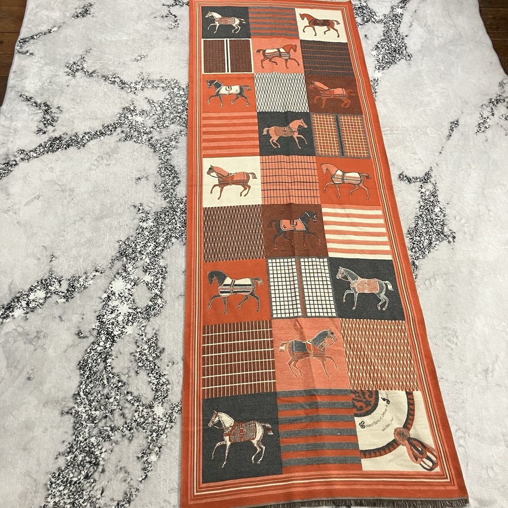 Equestrian Horse Print‎ Scarf Orange Gray Square Scarf Lightweight Wrap - Picture 2 of 9